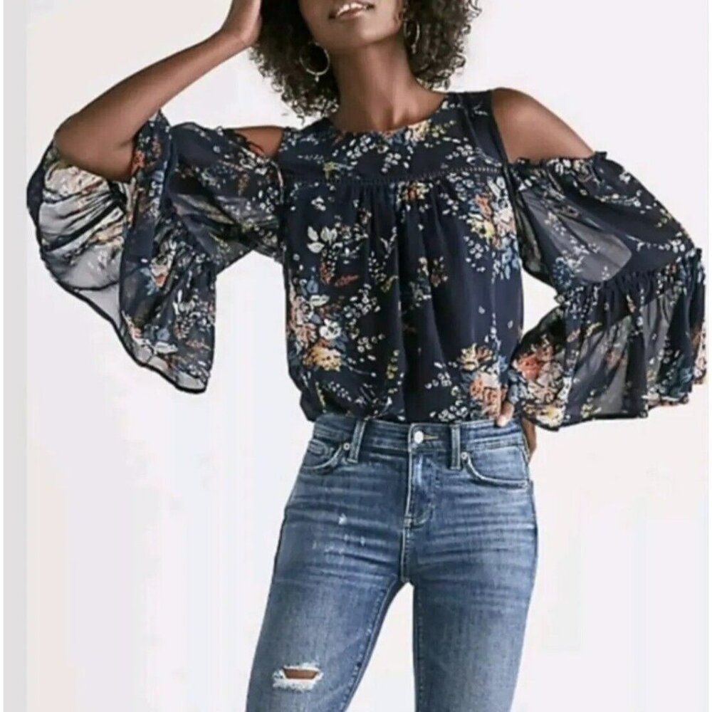 Lucky Brand Navy Blue Floral Blouse Top, Small, Chiffon, Cold Shoulder, Sheer